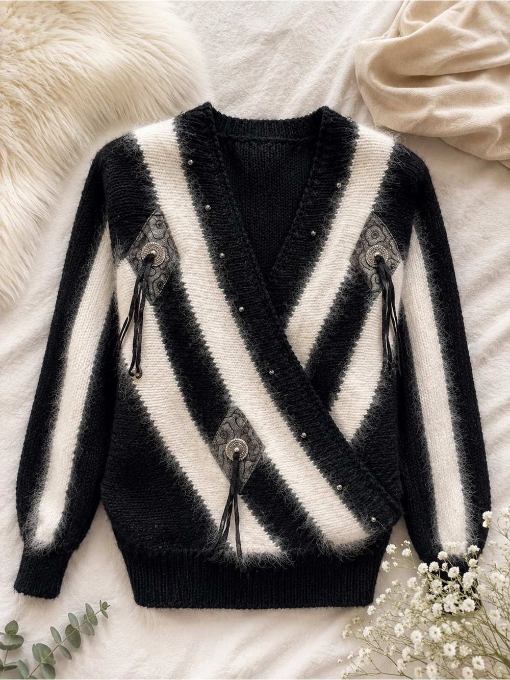 Susann d Angora Blend Chevron Fringe Cardigan Sweater Black Ivory Medium